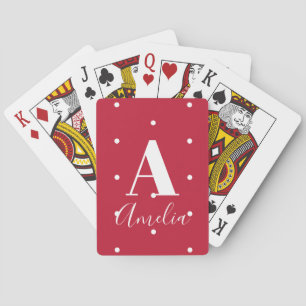 Monogram Name Red Polka Dots Script Typography Playing Cards