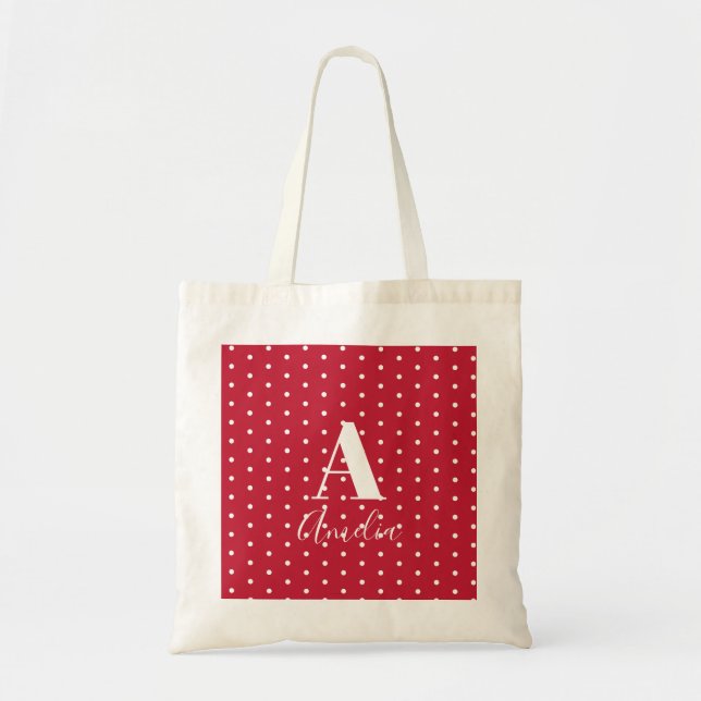 Monogram Name Red Polka Dots Tote Bag (Front)