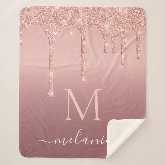 Monogram Name Rose Blush Sparkle Sherpa Blanket (Front)