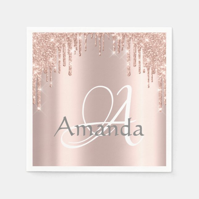 Monogram Name Rose Glitter Drips Spark Sweet 16th Napkin (Front)