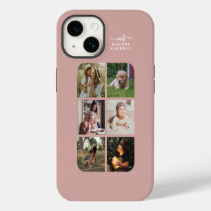 Monogram Name Rose Gold 6 Photo Collage iPhone 14 Case