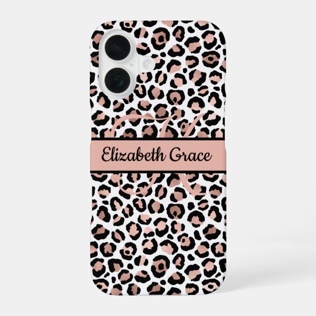 Monogram Name Rose Gold Black Leopard Print iPhone 16 Case (Back)