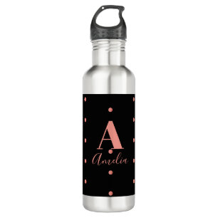 Monogram Name Rose Gold Black Polka Dot 710 Ml Water Bottle