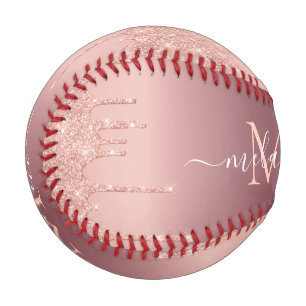 Monogram Name Rose Gold Blush Glitter Baseball