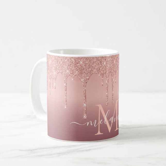 Monogram Name Rose Gold Blush Glitter Coffee Mug (Front Left)