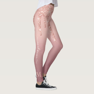 Monogram Name Rose Gold Blush Glitter Leggings
