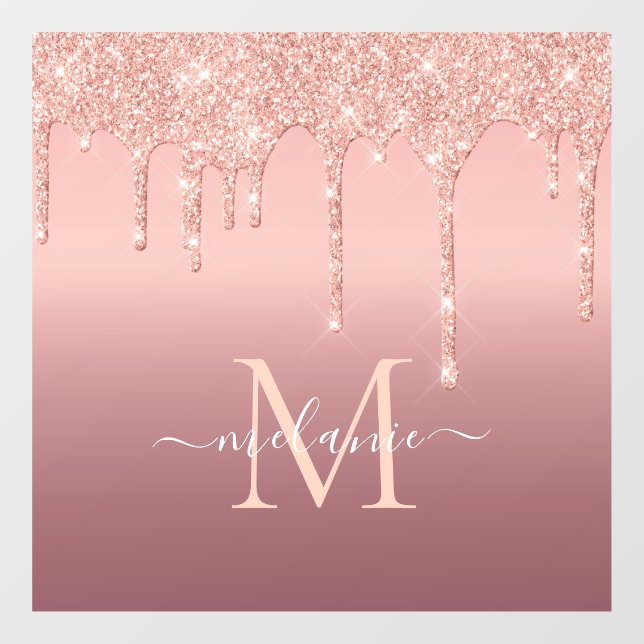 Monogram Name Rose Gold Blush Glitter Window Cling (Sheet)