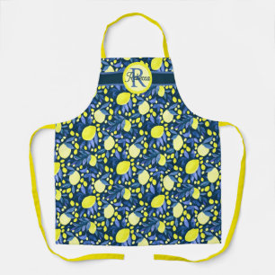 Monogram Name Rustic Citrus Lemons Chic Blue Leaf Apron