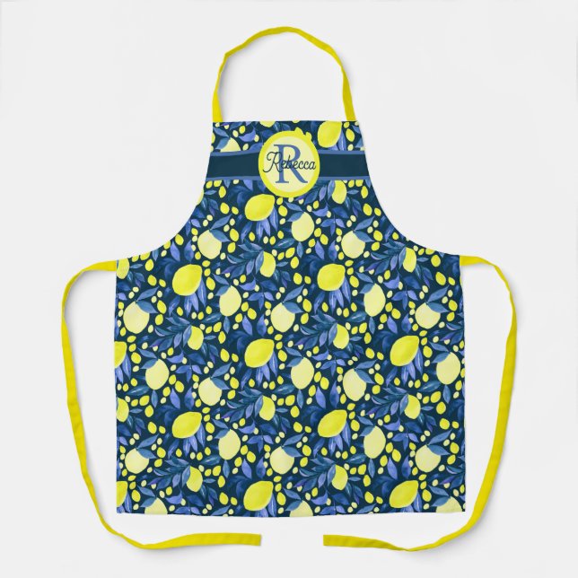 Monogram Name Rustic Citrus Lemons Chic Blue Leaf Apron (Front)