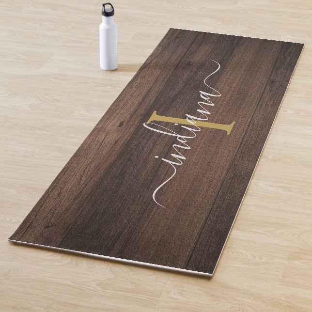 Monogram Name Rustic Dark Wood Script Modern Yoga Mat (In Situ)
