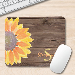 Monogram Name Rustic Sunflower Wood Mouse Pad