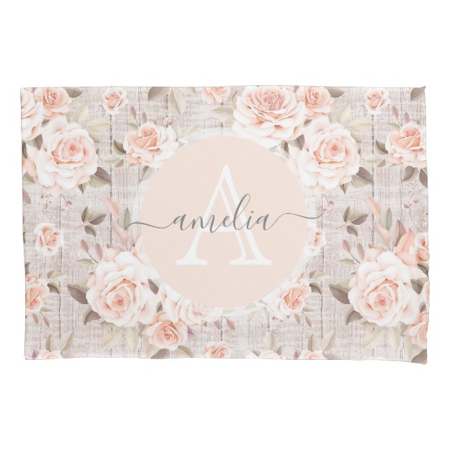 Monogram Name Rustic Wood & Vintage Roses Romantic Pillowcase (Front)