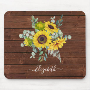 Monogram Name Rustic Wood Yellow Sunflower Mouse Pad