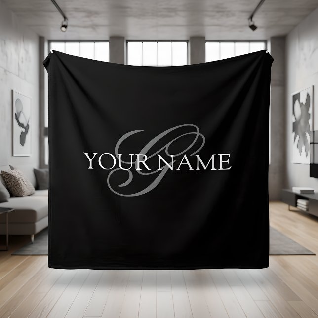 Monogram Name Script Black Grey Fleece Blanket (Creator Uploaded)