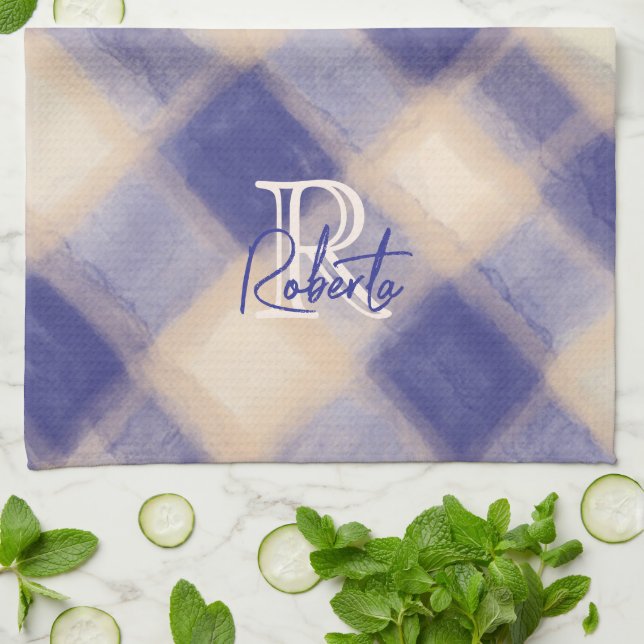 Monogram name script blue navy cream beige plaid  tea towel (Folded)