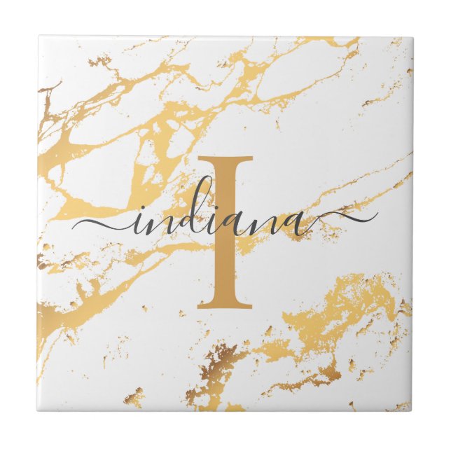 Monogram Name Script Initial Gold Marble Pattern Tile (Front)
