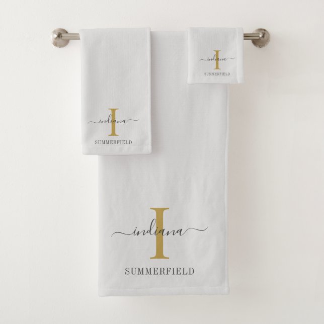Monogram Name Script Minimalist Gold Grey Bath Towel Set (Insitu)