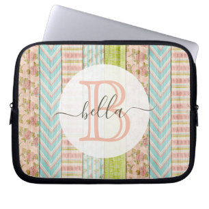 Monogram Name Shabby Roses on Rustic Wood Cottage Laptop Sleeve