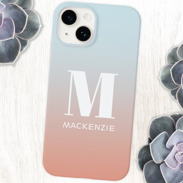 Monogram Name Simple Gradient Personalised iPhone Case (Orange pink to pale blue gradient monogram initial name personalized cell phone cover)