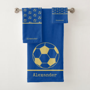 Monogram name Soccer Football Gold Blue Bath Towel Set