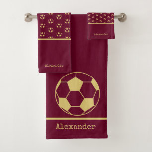 Monogram name Soccer Football Gold Burgundy  Bath  Towel Set