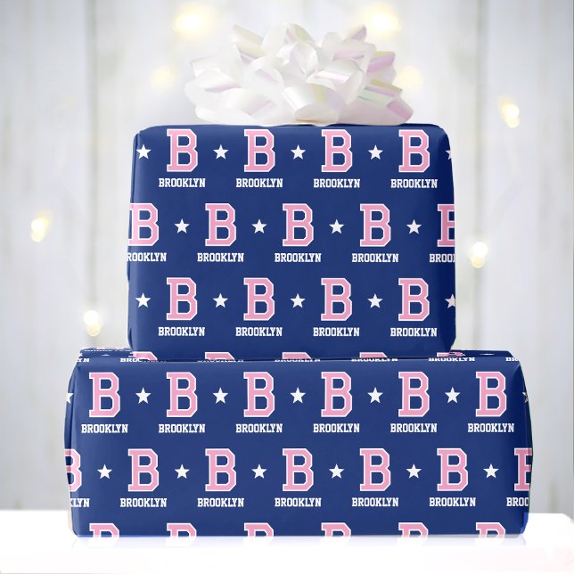 Monogram Name Star Pink Navy Custom Wrapping Paper (Creator Uploaded)