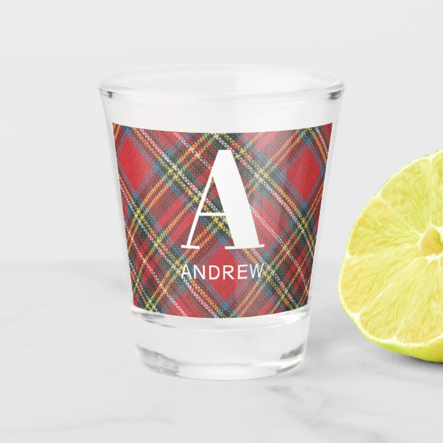 Monogram Name, Stewart Tartan Denim Print 1.5oz Shot Glass (Front)