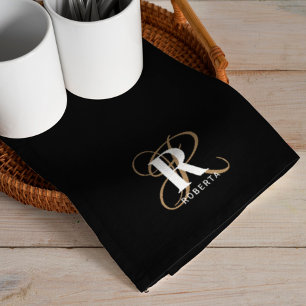 Monogram Name Stylish Black Gold Script  Tea Towel