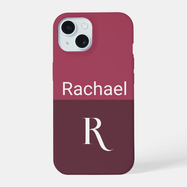 Monogram Name Stylish Burgundy iPhone 15 Case (Back)