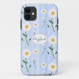 Monogram Name Summer Daisies Pattern Blue Stripe Case-Mate iPhone Case