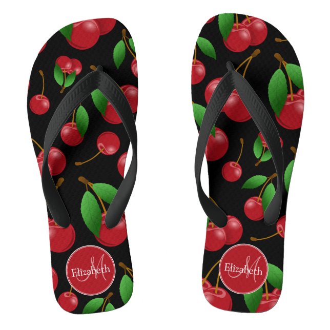 monogram name sweet red cherries pattern on black jandals (Footbed)