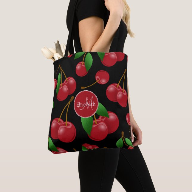 monogram name sweet summertime cherries patterned tote bag (Close Up)