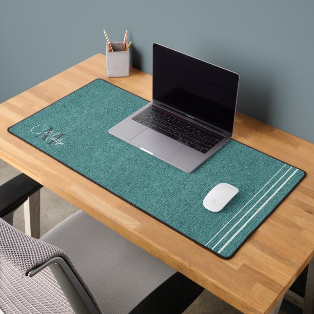 Monogram Name, Teal Denim Print, Platinum Accents Desk Mat (Office 2)