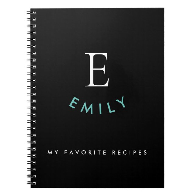 Monogram Name Teal White Text Black Recipe Notebook (Front)