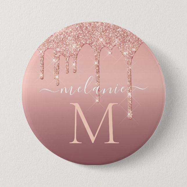 Monogram Name Text Rose Gold Blush Glitter Button (Front)