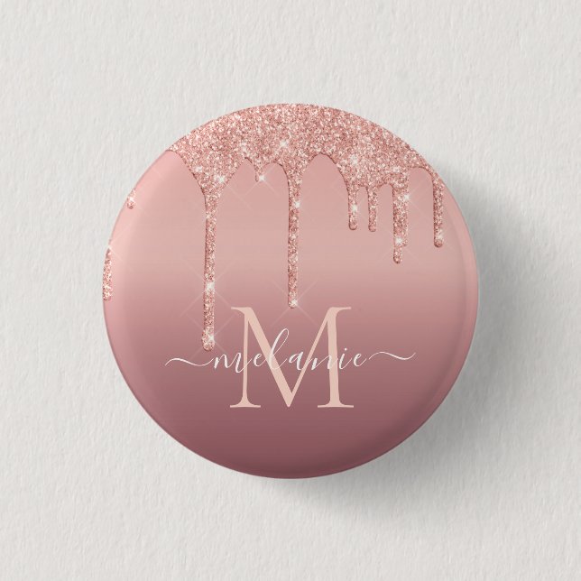 Monogram Name Text Rose Gold Blush Glitter Button (Front)