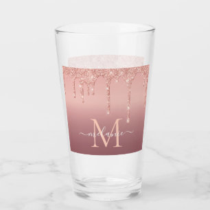 Monogram Name Text Rose Gold Blush Glitter Glass