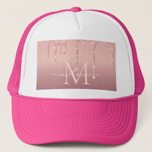 Monogram Name Text Rose Gold Blush Glitter Hat (Front)