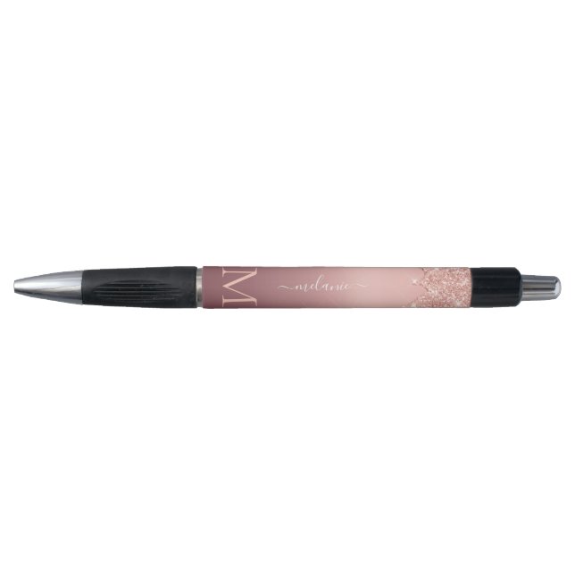 Monogram Name Text Rose Gold Blush Glitter Pen (Front)