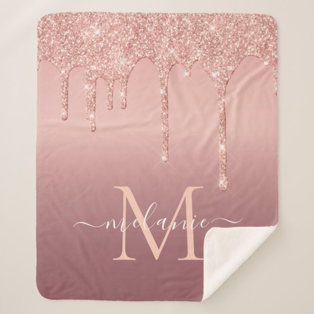 Monogram Name Text Rose Gold Blush Glitter Sherpa Blanket (Front)
