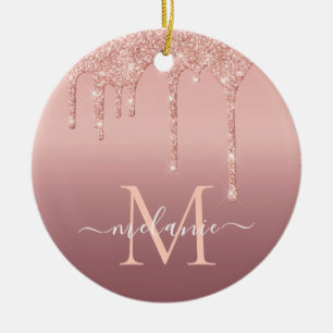 Monogram Name Text Rose Gold Blush Glitter Sparkle Ceramic Tree Decoration