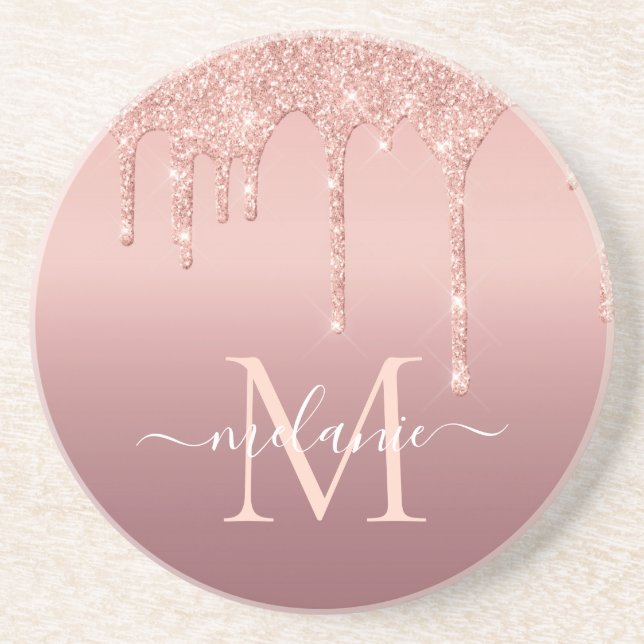 Monogram Name Text Rose Gold Blush Glitter Sparkle Coaster (Front)