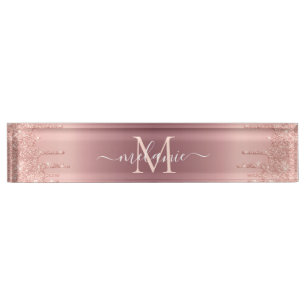 Monogram Name Text Rose Gold Blush Glitter Sparkle Nameplate