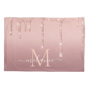 Monogram Name Text Rose Gold Blush Glitter Sparkle Pillowcase