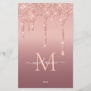 Monogram Name Text Rose Gold Blush Glitter Sparkle Stationery