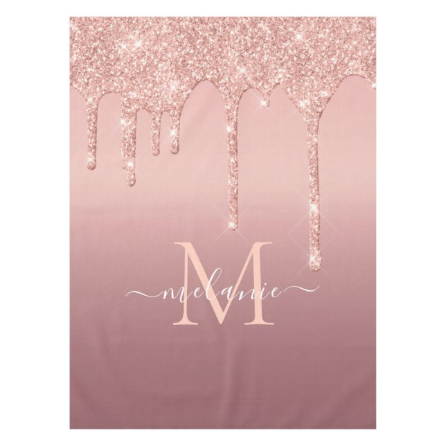 Monogram Name Text Rose Gold Blush Glitter Sparkle Tablecloth (Front)