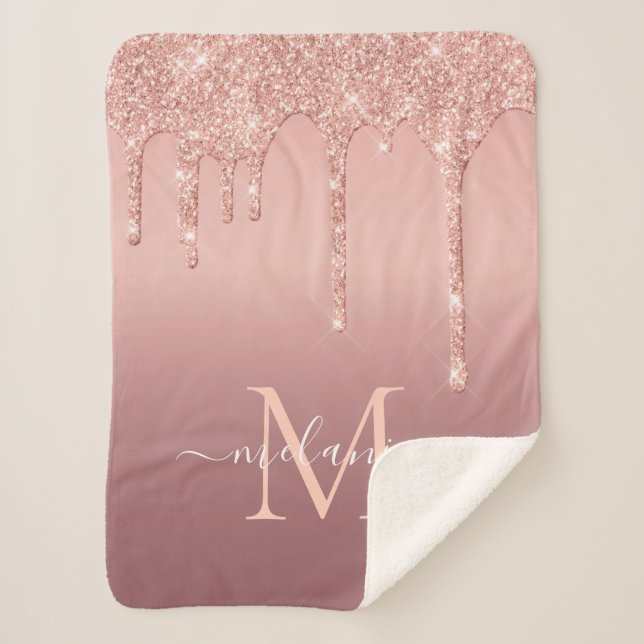 Monogram Name Text Rose Gold Blush Sparkle Sherpa Blanket (Front)