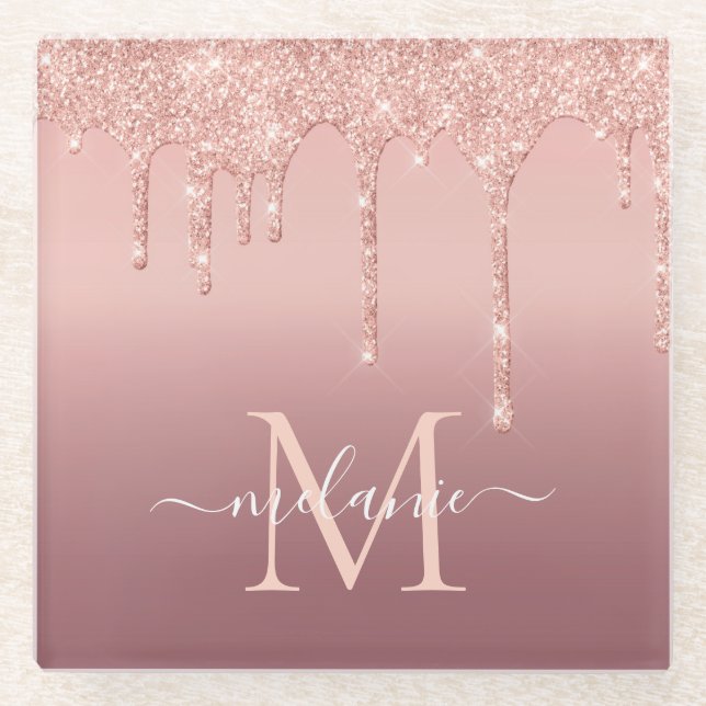 Monogram Name Text Rose Gold Glass Coaster (Front)
