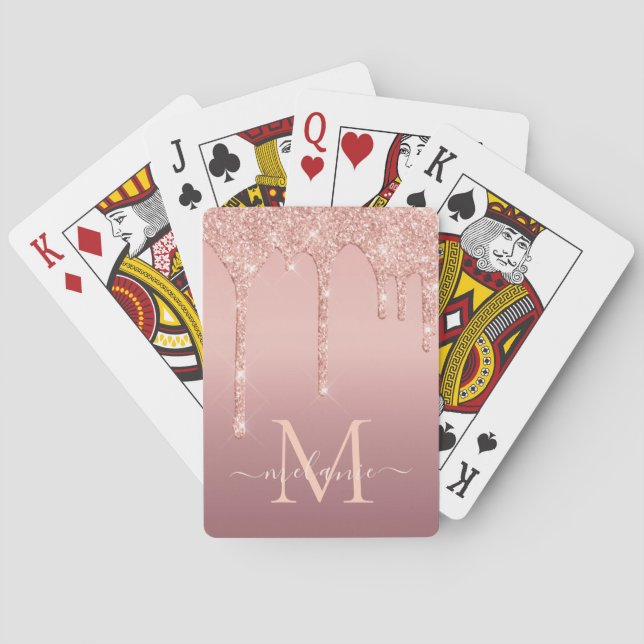Monogram Name Text Rose Gold Glitter Playing Cards (Back)