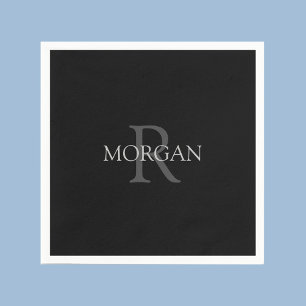 Monogram & Name, Trendy Black with Grey Text Napkin